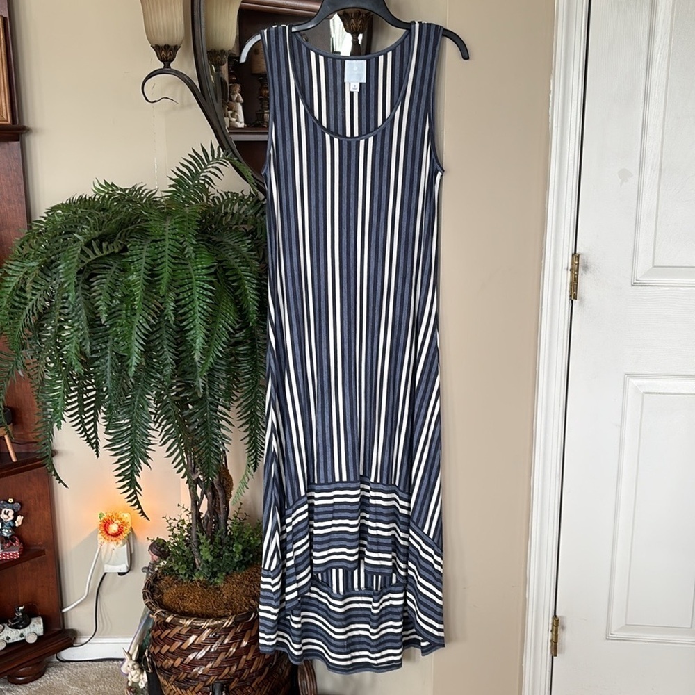 Sunday Anthropologie Blue White Striped High Low Maxi Dress Sleeveless Stretch